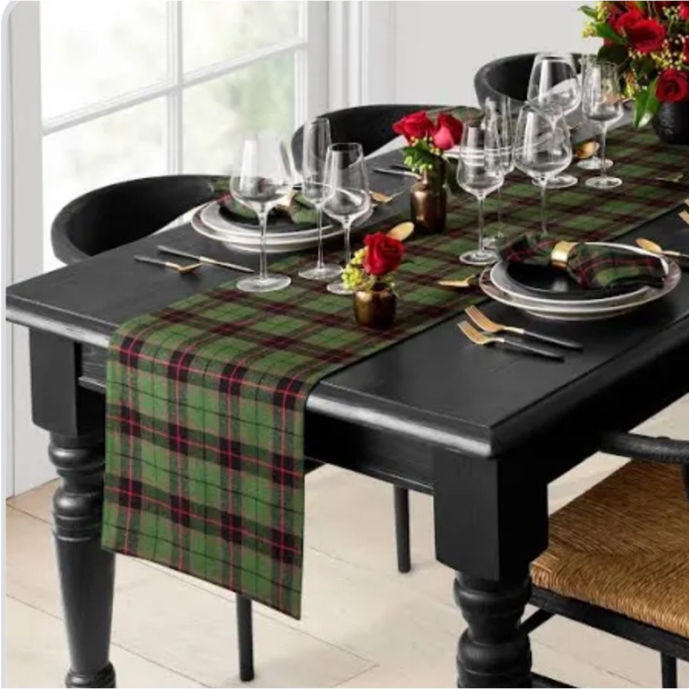 Williams Sonoma Green Tartan Plaid Table Runner 16x108 Linen Cotton Holiday